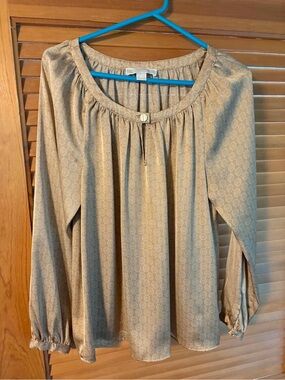 Michael Kors Logo Long-Sleeve Round Neck Blouse — Tan